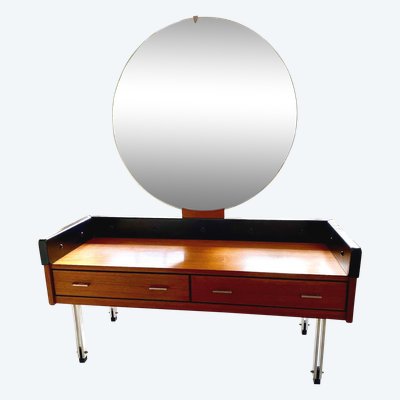 Scandinavian teak dressing table with large round mirror