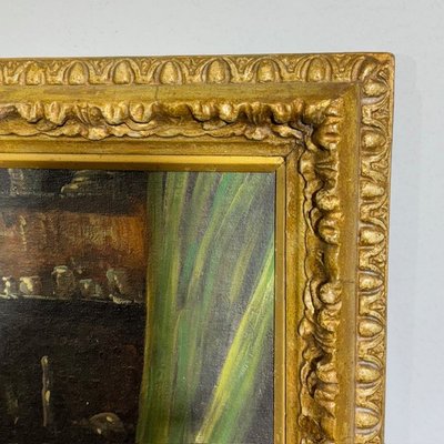 Antique oil painting on panel. Artist's studio. Period 1850 with antique gilded frame. Size 64 x 50.