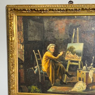 Antique oil painting on panel. Artist's studio. Period 1850 with antique gilded frame. Size 64 x 50.