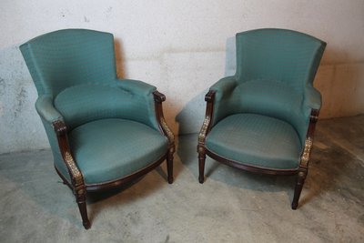 Pair of Louis XVI style mahogany bergere chairs, 19th century