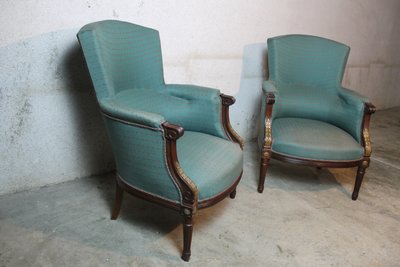 Pair of Louis XVI style mahogany bergere chairs, 19th century