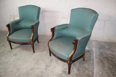 Pair of Louis XVI style mahogany bergere chairs, 19th century