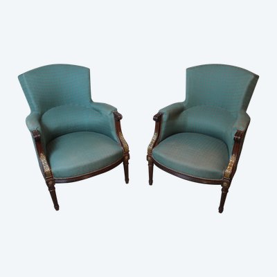 Pair of Louis XVI style mahogany bergere chairs, 19th century