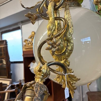 Antico strepitoso Lampadario fine 800 Liberty di grandi dimensioni Cigni . Vetro e bronzo dorato . 