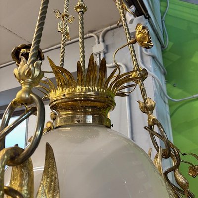 Antico strepitoso Lampadario fine 800 Liberty di grandi dimensioni Cigni . Vetro e bronzo dorato . 