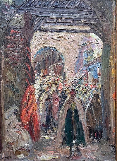 orientalist painting the entrance to the Souk el barka in Tunis signed Leo Browne.