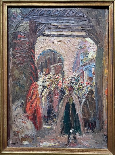 orientalist painting the entrance to the Souk el barka in Tunis signed Leo Browne.