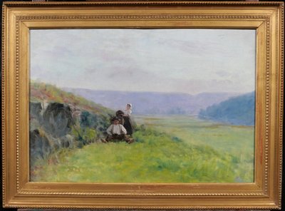 Ecole française vers 1880-90, Paysage, la récolte, tableau impressionnisme, signé