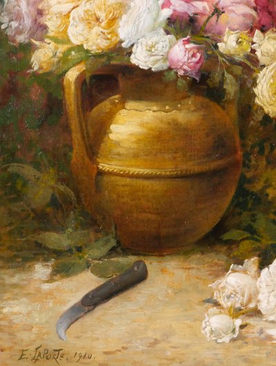 Emile Laporte 1841-1919 Still life of flowers (roses), large painting, 1910, garden