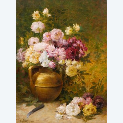 Emile Laporte 1841-1919 Still life of flowers (roses), large painting, 1910, garden