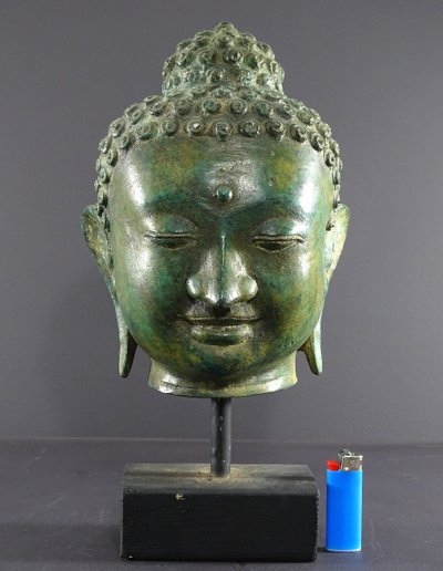 Thaïlande, Années 1920/1930, Grande Tête De Bouddha En Bronze Dans Le Style Ayuttaya.