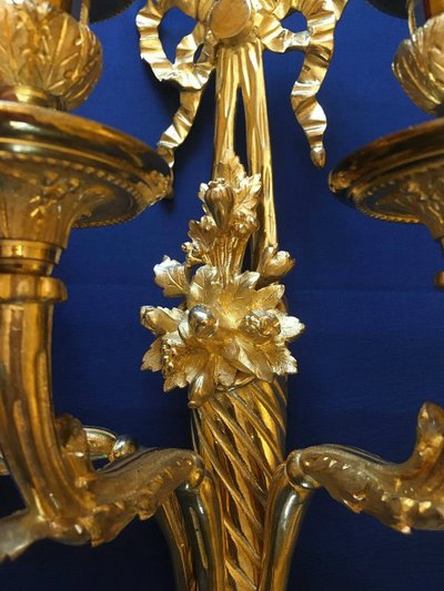 Pair of three-light gilded bronze wall lights with Cornucopias Louis XVI style 19th century