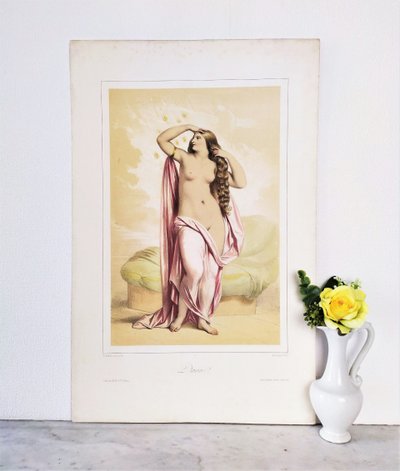  Danae  Watercolored Lithograph By Achille Devéria Greek Mythology Old Print 19th C