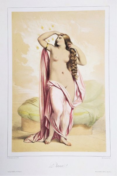  Danae  Watercolored Lithograph By Achille Devéria Greek Mythology Old Print 19th C