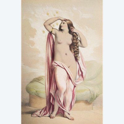  Danae  Watercolored Lithograph By Achille Devéria Greek Mythology Old Print 19th C