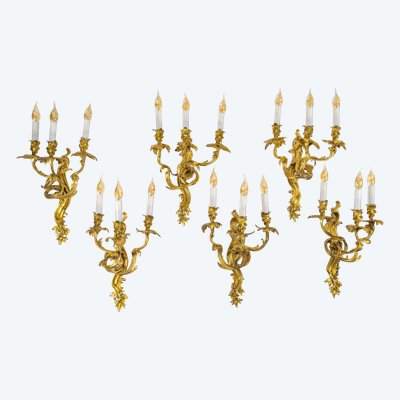 Set of six French Louis XV-style Chiseled Gilt-Bronze Sconces Circa 1880-1890