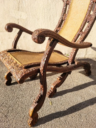 Carved Wood Folding Armchair, India 19th Century