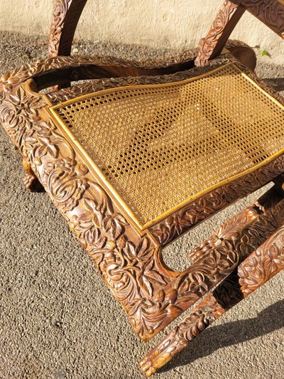 Carved Wood Folding Armchair, India 19th Century