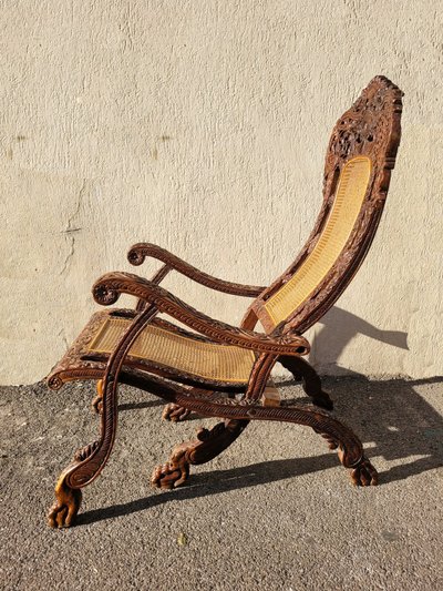 Carved Wood Folding Armchair, India 19th Century