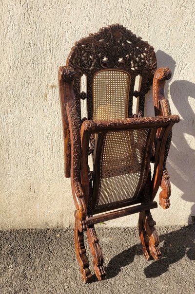 Carved Wood Folding Armchair, India 19th Century