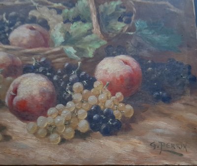 Large frameless still life painting with fruit