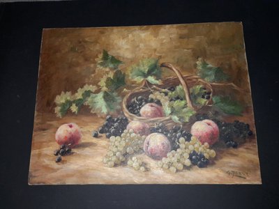 Large frameless still life painting with fruit