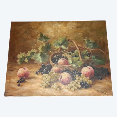 Large frameless still life painting with fruit