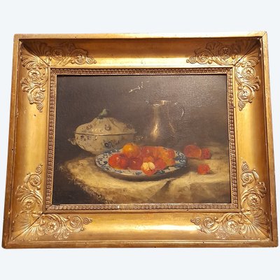  painting still life with fruit oil on panel with gilded wood frame