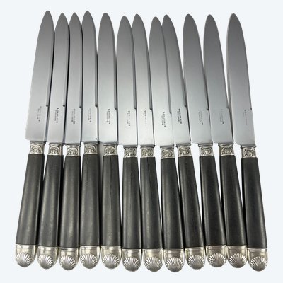 12 table knives ebony handle shell ferrule