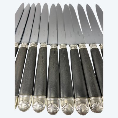 12 Cheese knives ebony handle shell ferrule