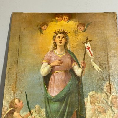 Antique oil painting 17th century with Saint Ursula and the Eleven Virgins. Sienese school . Measure 60 x45