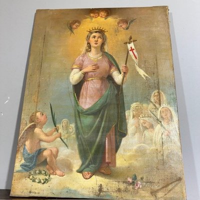 Antique oil painting 17th century with Saint Ursula and the Eleven Virgins. Sienese school . Measure 60 x45