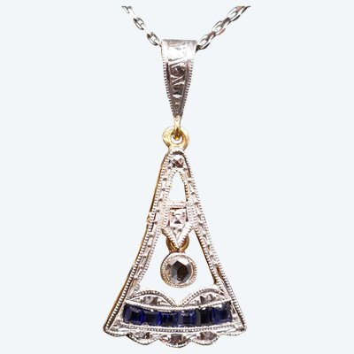 Art Deco Calibrated Diamond And Sapphire Pendant, 18-carat gold.