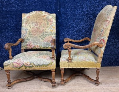 Pair Of Louis XIII Walnut Armchairs Circa 1850