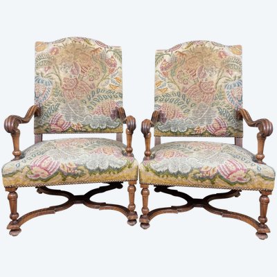 Pair Of Louis XIII Walnut Armchairs Circa 1850