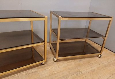 Italy 1970: 2 Trolleys Trolley Tables Gilded Metal And Tinted Glass