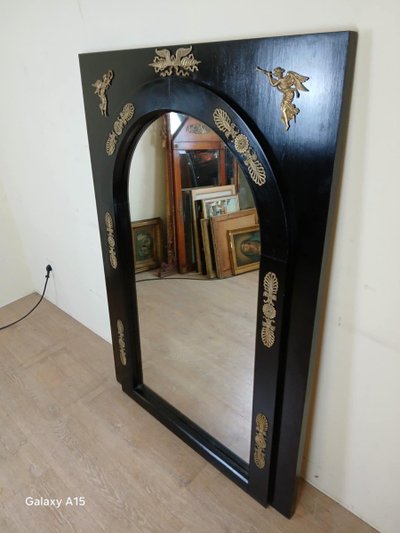 Important Empire Mirror In Black Lacquered Wood And Gilded Bronze XIXth Century