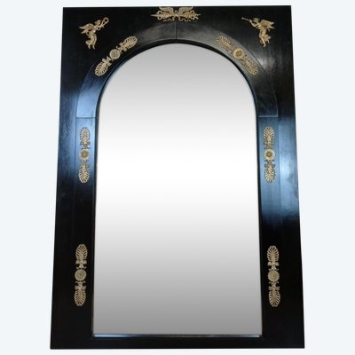 Important Empire Mirror In Black Lacquered Wood And Gilded Bronze XIXth Century