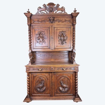 Credenza da caccia in rovere massiccio in stile rinascimentale del 1850 circa