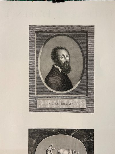 Jules Romain, Self-portrait, Antique engraved stone Ploughman and plough Etching