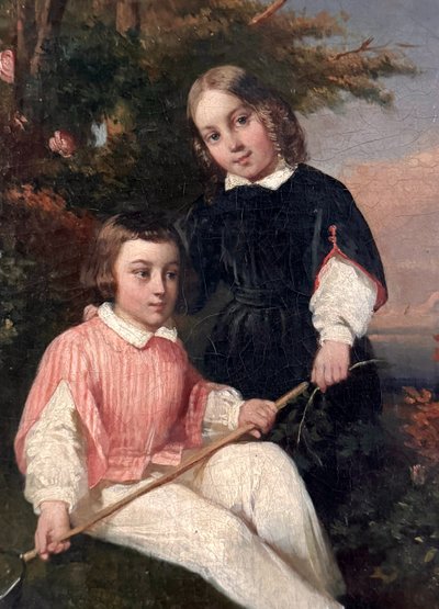 Full-length portrait of children - Butterfly hunting - 19th century canvas