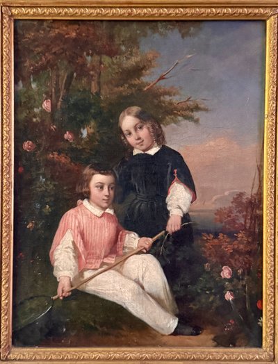 Full-length portrait of children - Butterfly hunting - 19th century canvas