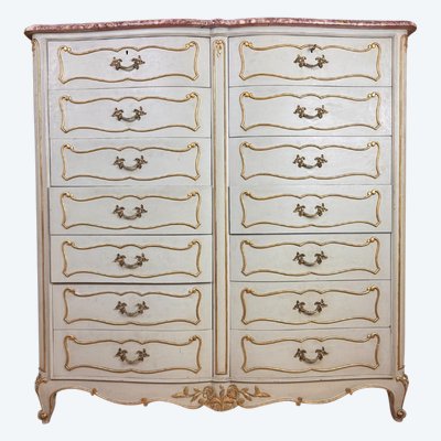 Semainier Arbalète A Double Rang De Tiroirs Style Louis XV En Bois Laqué Et Doré circa 1900