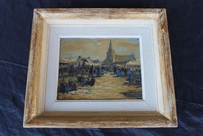 Pair of watercolors of Brittany: marine and mass exit signed Henri Davy, 20th century