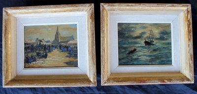 Pair of watercolors of Brittany: marine and mass exit signed Henri Davy, 20th century