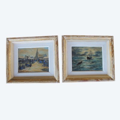 Pair of watercolors of Brittany: marine and mass exit signed Henri Davy, 20th century