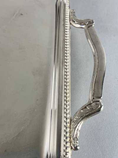 Rectangular silver-plated metal tray with pearl decoration