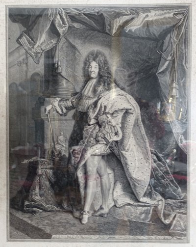 Large royalist engraving: King Louis XIV in majesty, gilded wood frame - 82cm x 99.5cm