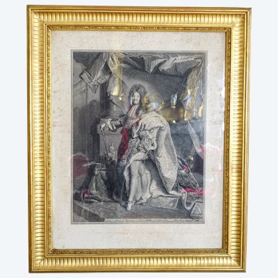 Large royalist engraving: King Louis XIV in majesty, gilded wood frame - 82cm x 99.5cm