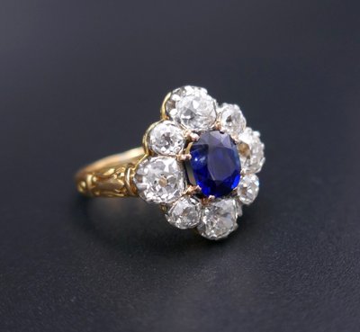 Sapphire and diamonds, gold and platinum ring.